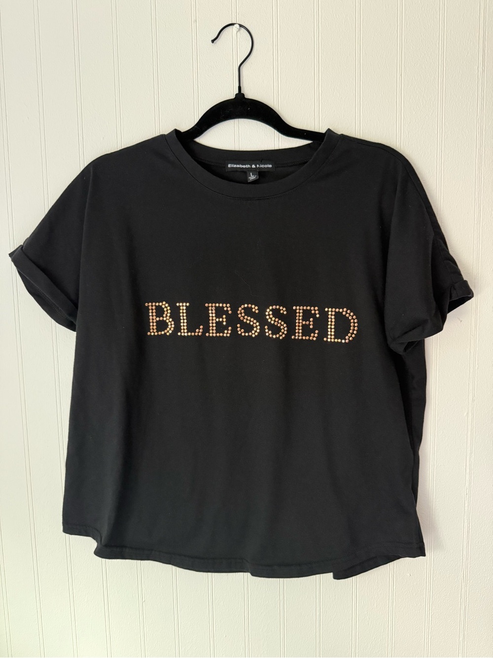 Elizabeth and James Black Tee with Gold Stud 'BLESSED'